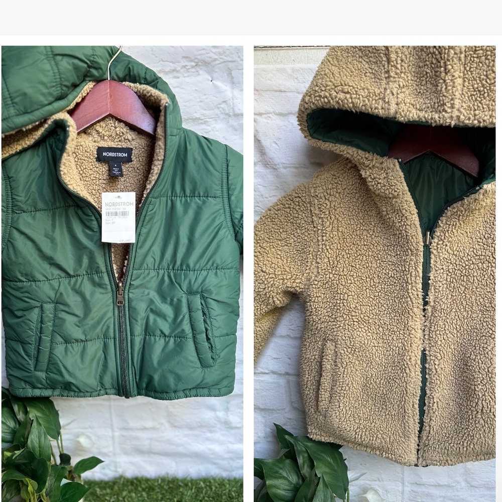 Nordstrom Kids' Reversible Hooded Jacket in Green Pinecone- Tan NWT size 4